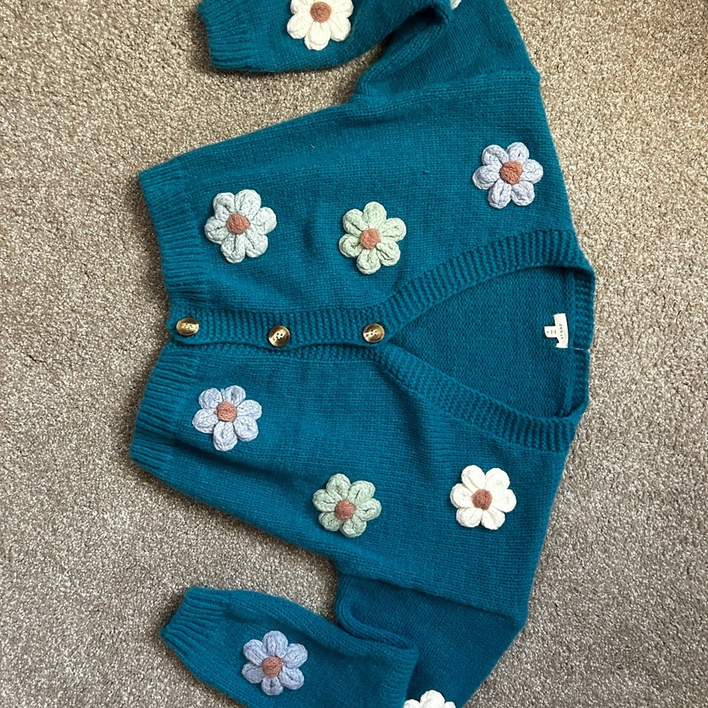 Teal Kids Cardigan with Floral Design